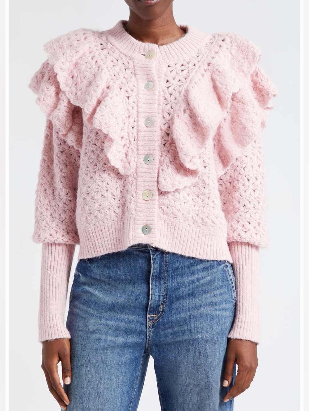 NWT FARM RIO Bohemian Flower Texture Ruffled Openwork Knit Cardigan